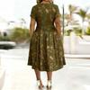 Women’s Short Sleeve V Neck Floral Print Midi Dress with Cross Pleated Waist and A Line for Casual Wear