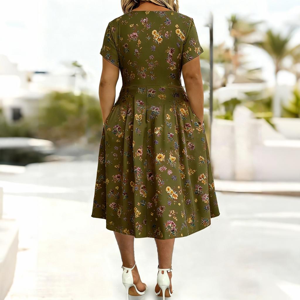 Women’s Short Sleeve V Neck Floral Print Midi Dress with Cross Pleated Waist and A Line for Casual Wear