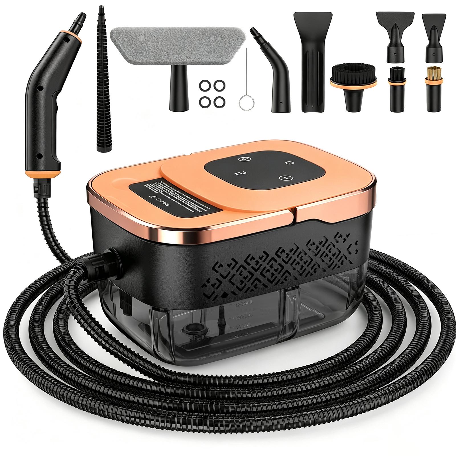 YADIMI 1500W Ruční parní čistič 4 bary pod tlakem s 10 příslušenstvím, rychlý ohřev 10 s a 6 úrovní nastavení pro digestoř, toaletu, dlaždice, interiér auta oranžová