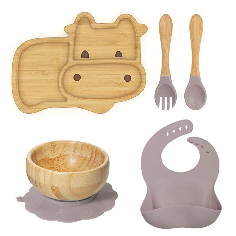Bamboo Calf Shaped Baby Cutlery Set 5 Pieces Includes Suction Cup Bowl Bib Fork and Spoon