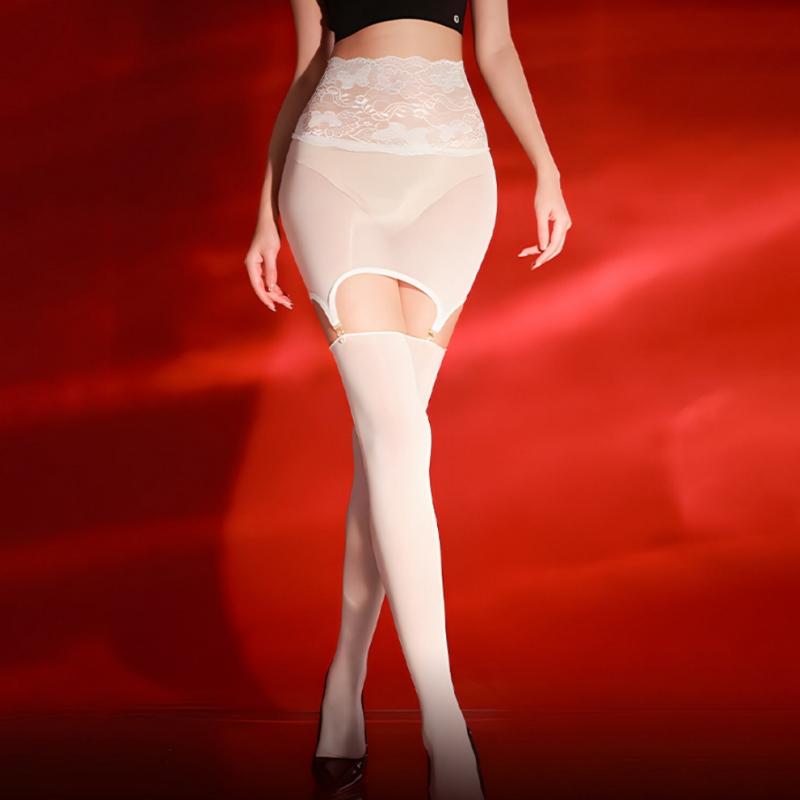 Collocation Hose Garter With Stockings Set Women Sexy Oil Shiny Pole Dance Clubwear Stretchy Bodycon Mini Skirt With Socks Clips