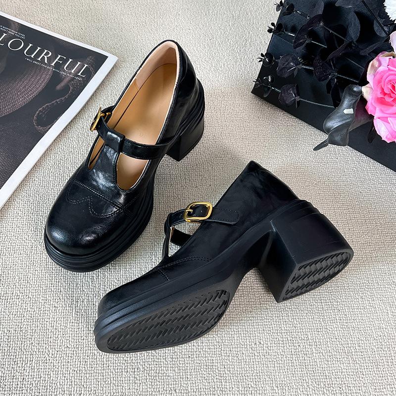 Thick sole heightening black round head Mary Jane women's shoes new thick heel retro single shoes versatile small leather shoes