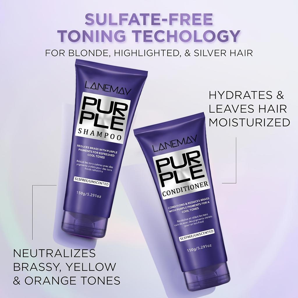 2pcs Purple Hair Shampoo and Conditioner Set for Blonde & Silvery Hair - Deep Conditioning & Neutralize Brassiness, Restore Vibrancy & Cool Tones