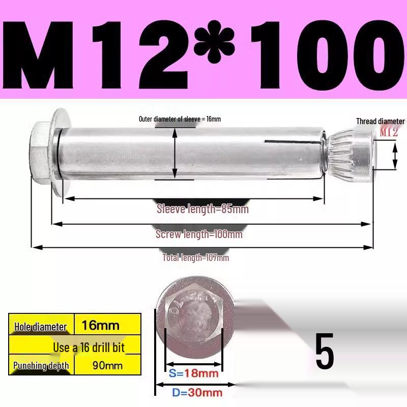 Stainless Steel Expansion Screw: Hexagonal Head with Internal Expansion (304/201), Sizes M6, M8, M10, M12.