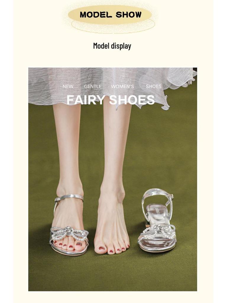 2024 Silver Glitter Chunky Heel Sandals with Bow and Pearl Strap - Women's High-End Rhinestone Shoes