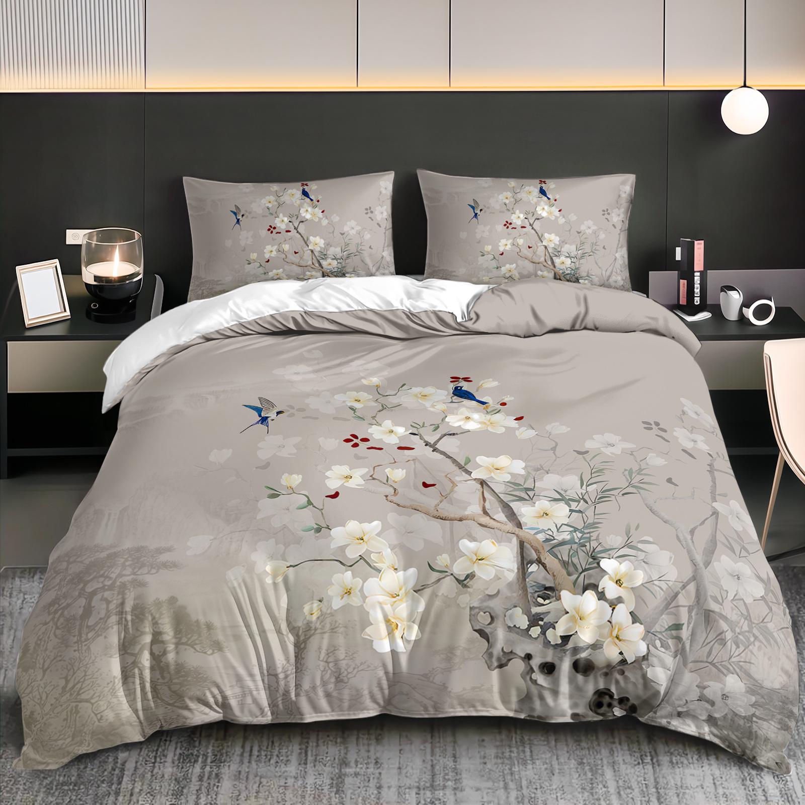

3pcs Elegant Blossom Bird Bedding Duvet Cover Set Japanese Style Bedding Quilt Set Soft Spring Themed Bed Quilt Set Grey Floral (135x200cm)