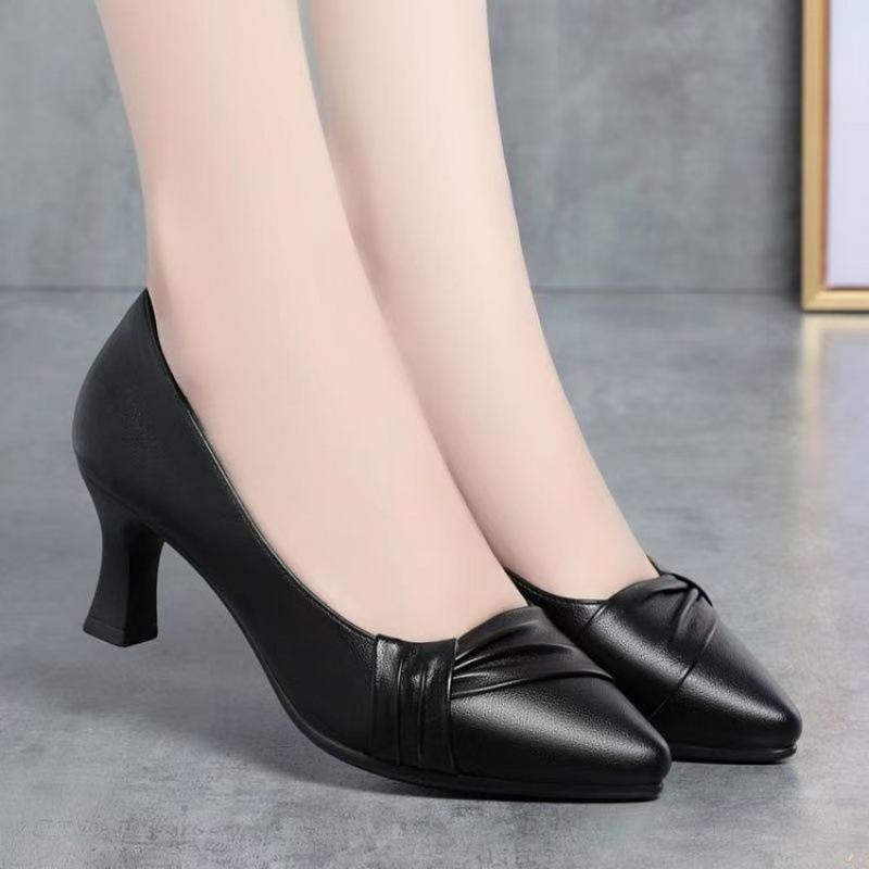 Women PU Leather High Heel Pumps Simple Elegant Pointed Toe Soft Mother Office Dress Shoes