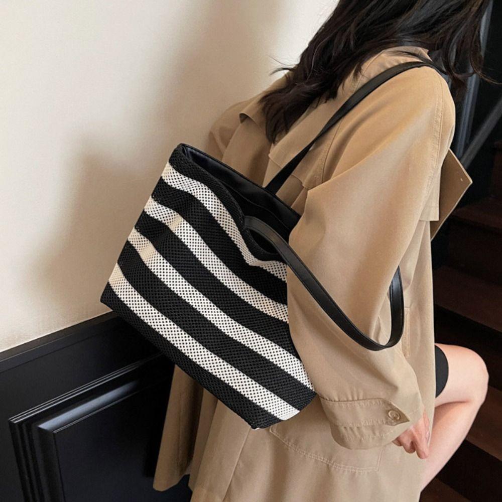 Korean Style Black and White Striped Tote Bag Large Capacity Hollow Shoulder Bag Girls