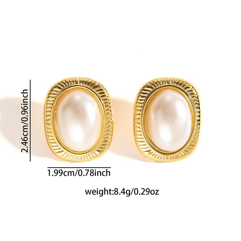 Retro Stainless Steel Oval Imitation Pearl Drop Earrings for Women Ladies French Style Exquisite Stud Earrings Jewelry Wholesale