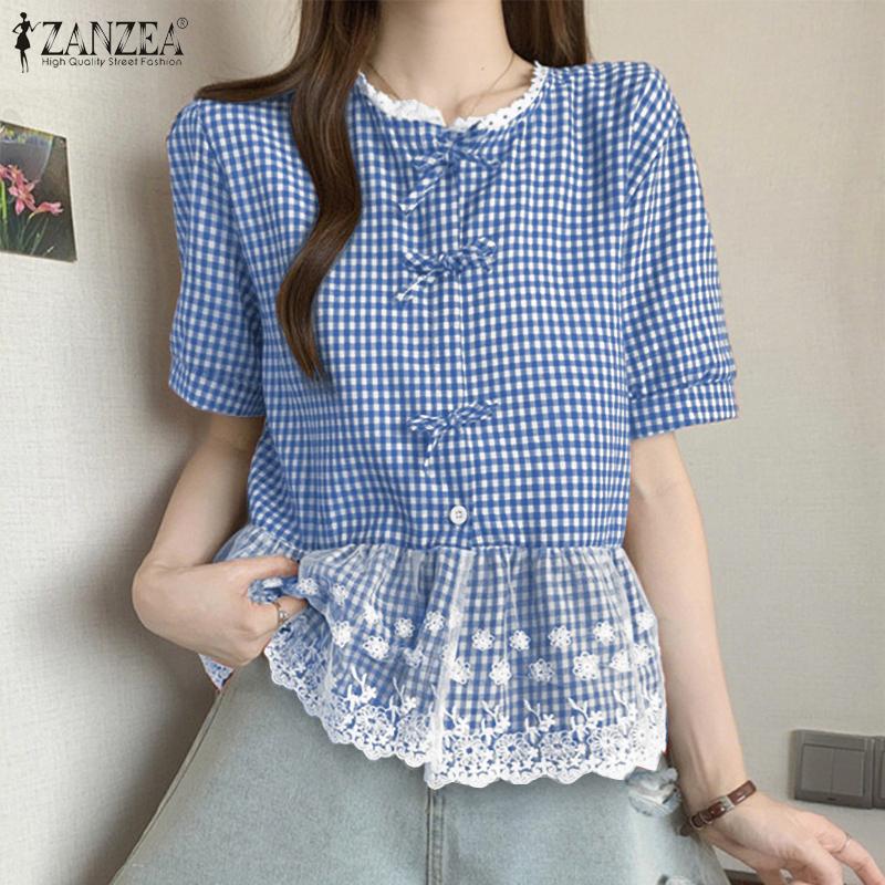 ZANZEA Women Summer Round Neck Lace Patchwork Plaid Casual Ruffled Blouse