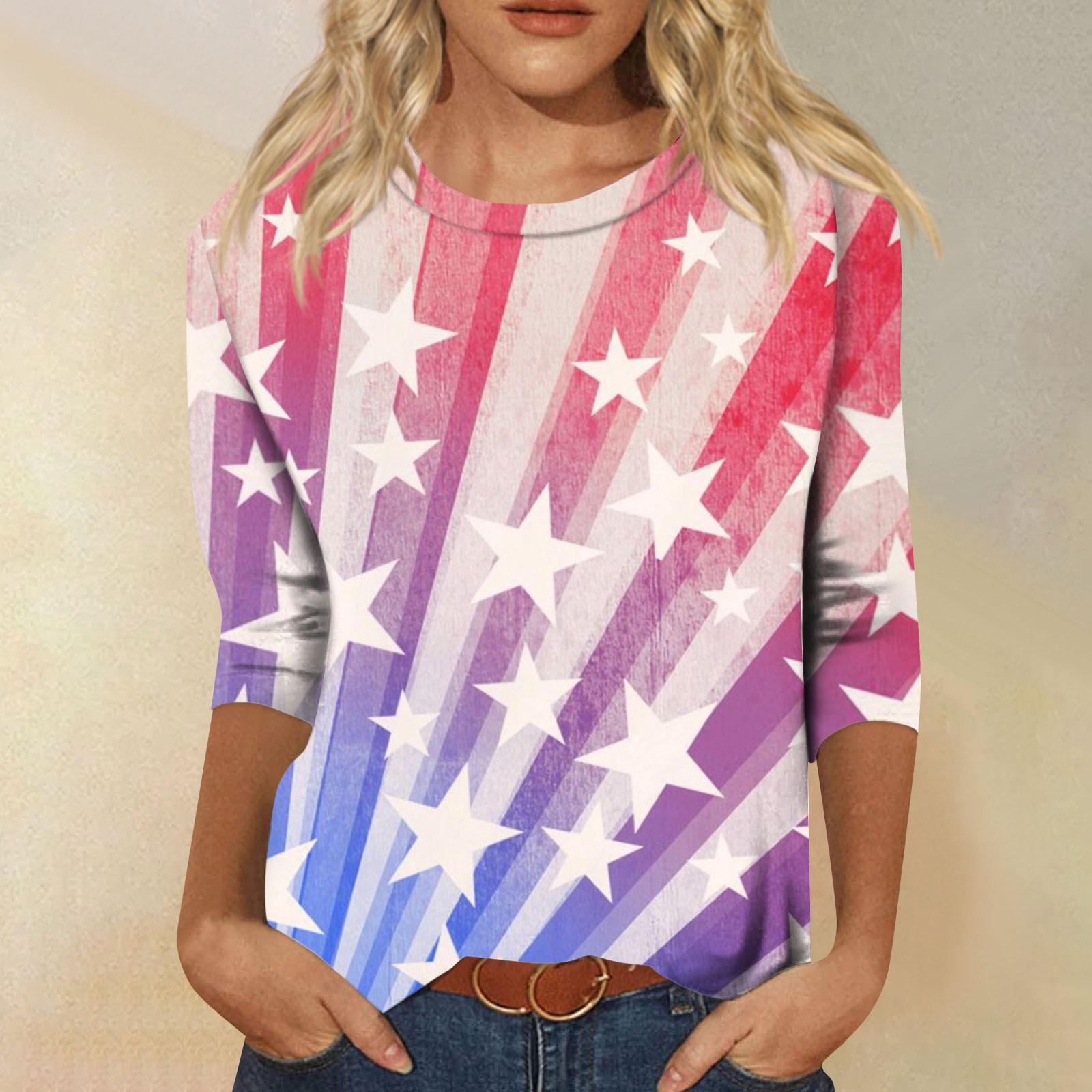 

Жіночий модний повсякденний топ із сімома рукавами з принтом із круглим вирізом до Дня незалежності XL