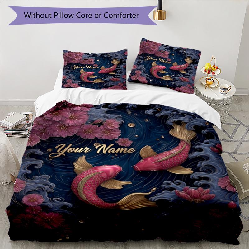 Poisson Koi Fleur Personnalisé Nom Texte Impression 1 Pièce Ensemble de Literie Housse de Couette Avec Deux Taies d'Oreiller Linge de Lit Doux Pour Chambre à Coucher Domestique