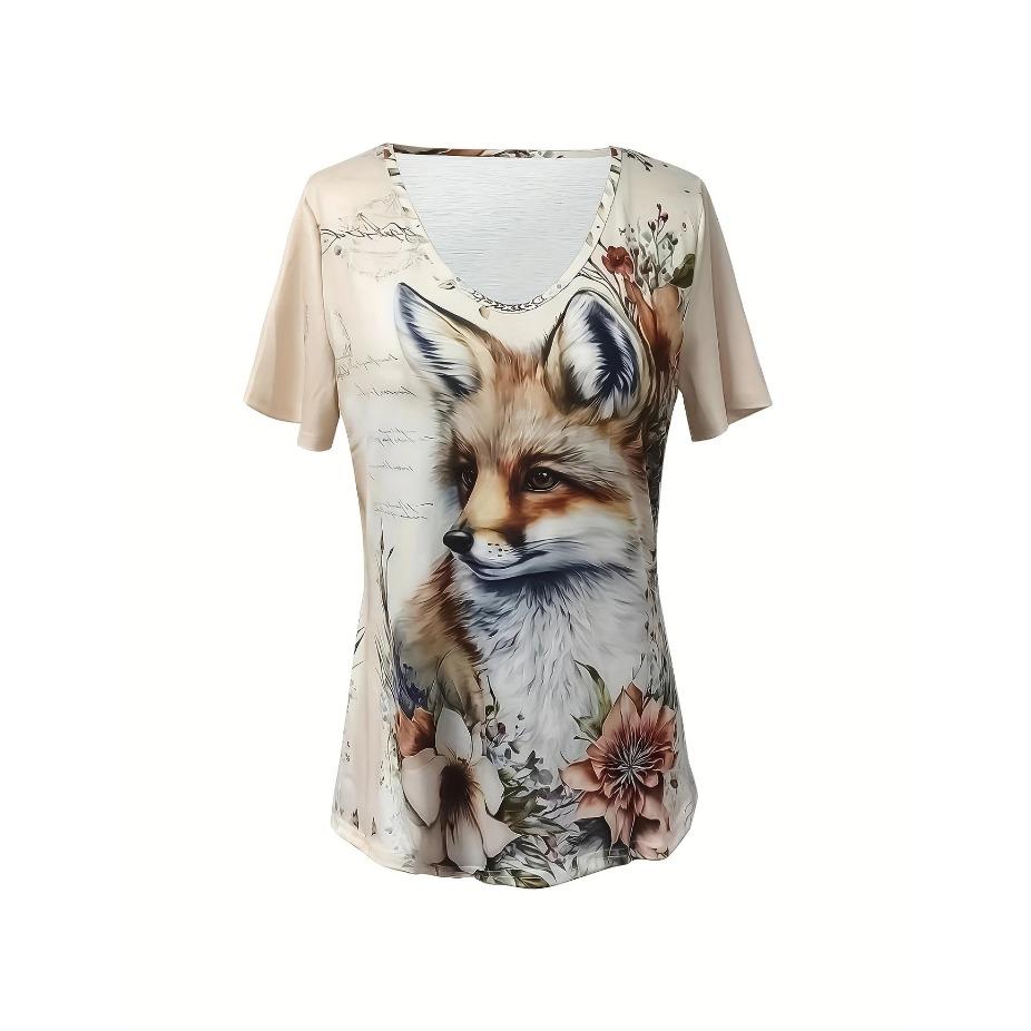 Trendy Liščí Tričko Prodyšné Nadměrné Dámské Tričko s V-výstřihem s Liščím a Květinovým Potiskem Každodenní Pohodlí, Umělecký Design
