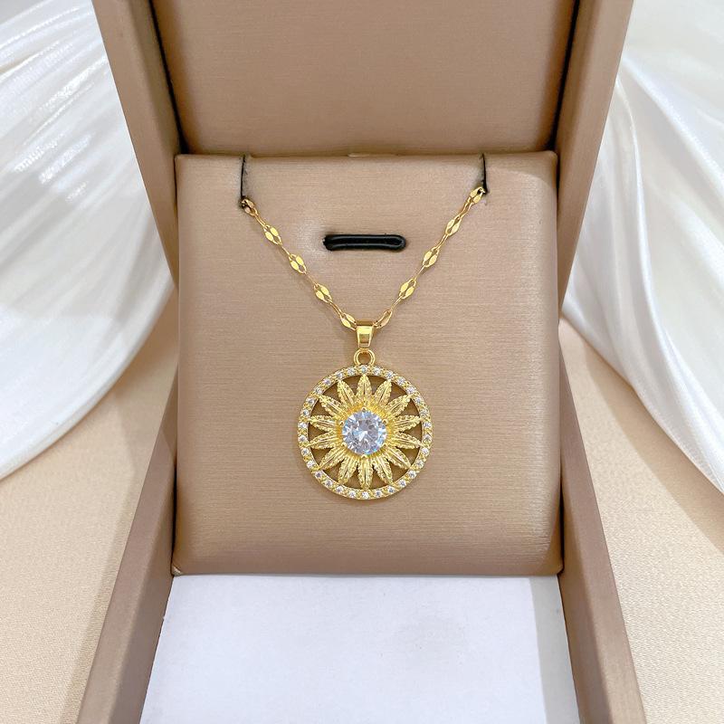Sonnenblume Sonnenblume Leichter Luxus Temperament Wunderschöne Voll-Diamant-Halskette Damen Vielseitige Schlüsselbein-Kette Titanstahl-Kette