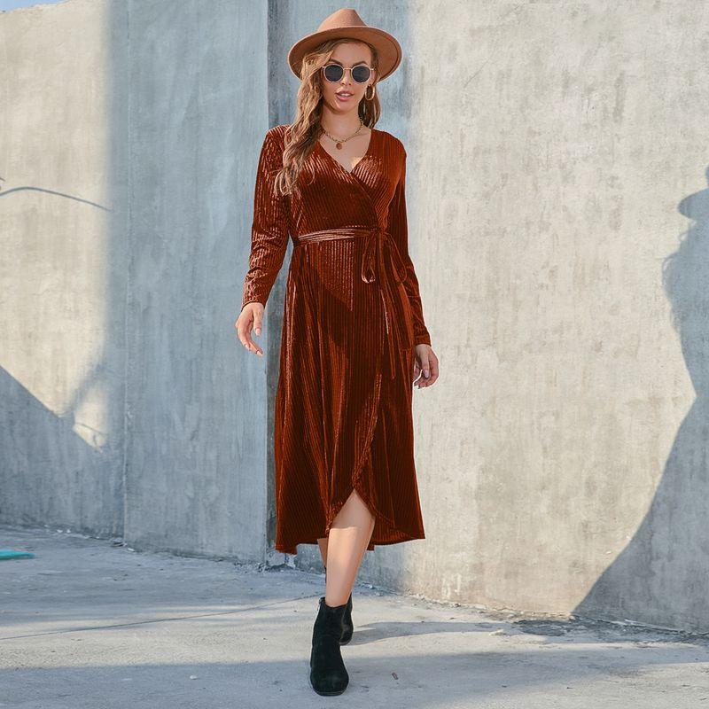 

2023 Платье женское большого размера из золотого бархата с разрезом и полосками Caramel color XXXL