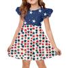 Meisjes Jurk met Ruches Mouwen Onafhankelijkheidsdag Genaaid Sterrenprint Casual Feestjurk Lichtgewicht Zachte Stof Zomerjurk voor Kinderen