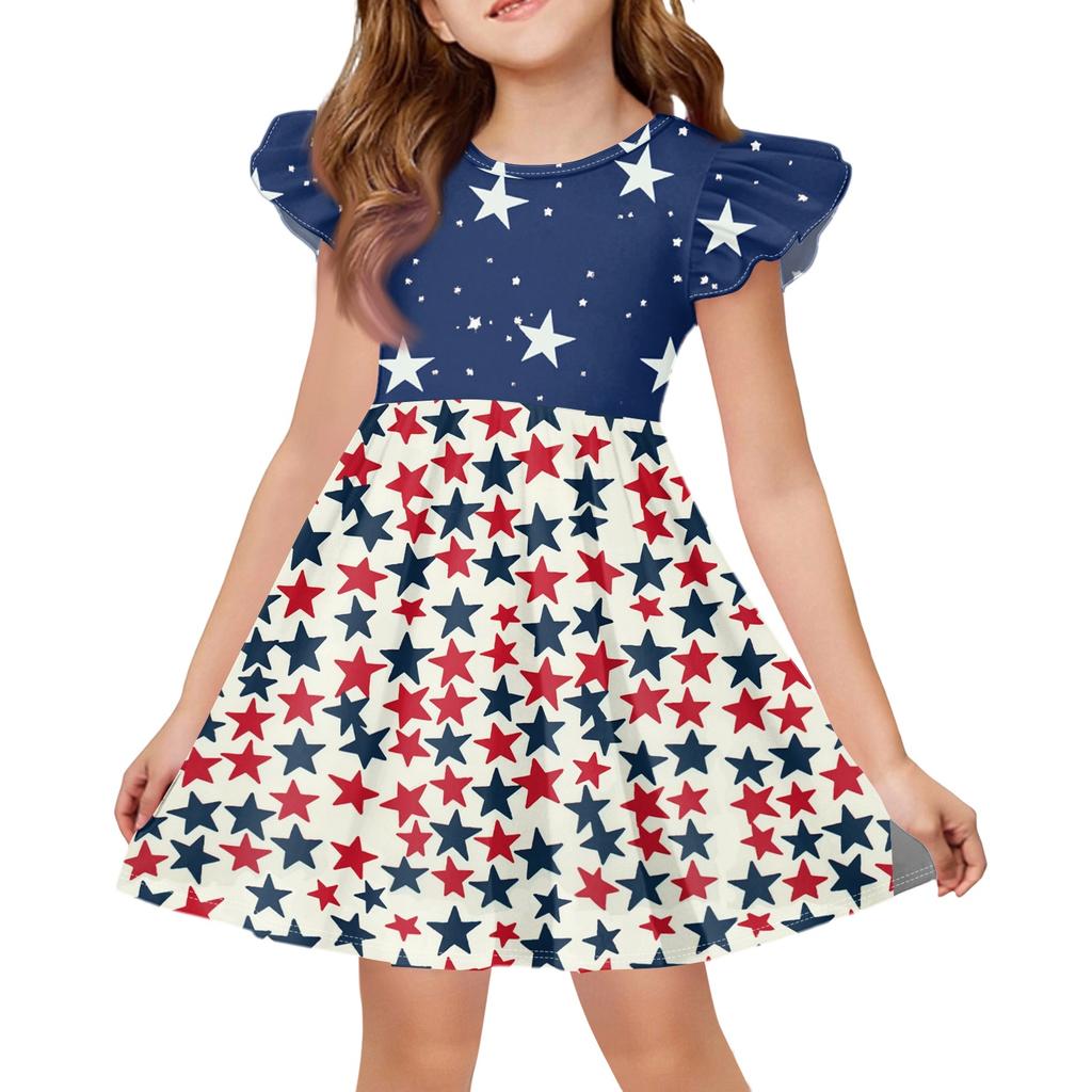 Meisjes Jurk met Ruches Mouwen Onafhankelijkheidsdag Genaaid Sterrenprint Casual Feestjurk Lichtgewicht Zachte Stof Zomerjurk voor Kinderen