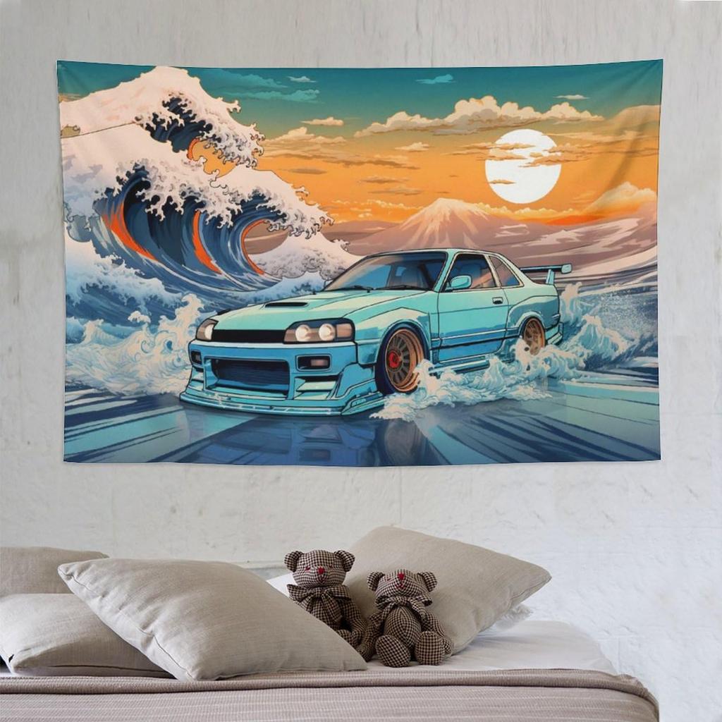 VIKAMA Japanese Wave Sports Car Tapestry Ukiyoe Style Dormitory Bedroom Wall Hanging Automotive Enthusiast Home Decor