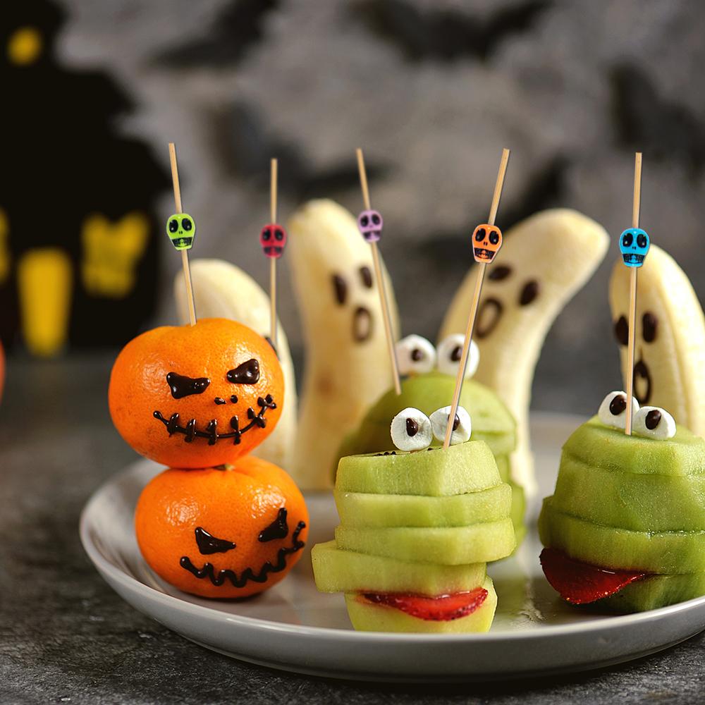 100pcs Halloween Skull Cocktail Picks Bamboo Toothpicks Fruits Sticks Appetizers Drinks Food Skewers Halloween Party Decoration