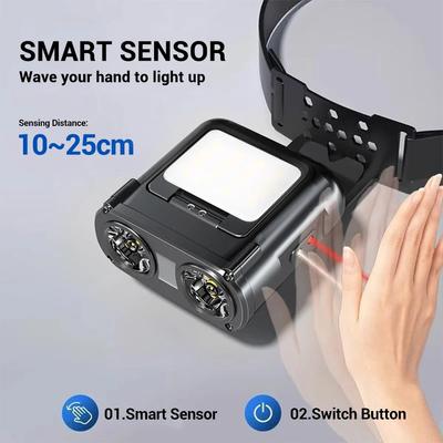 Multifunctional Dual Light Source Led Sensor Headlamp with Stepless Dimming Hat Clip Headlight for Outdoor Camping Fishing