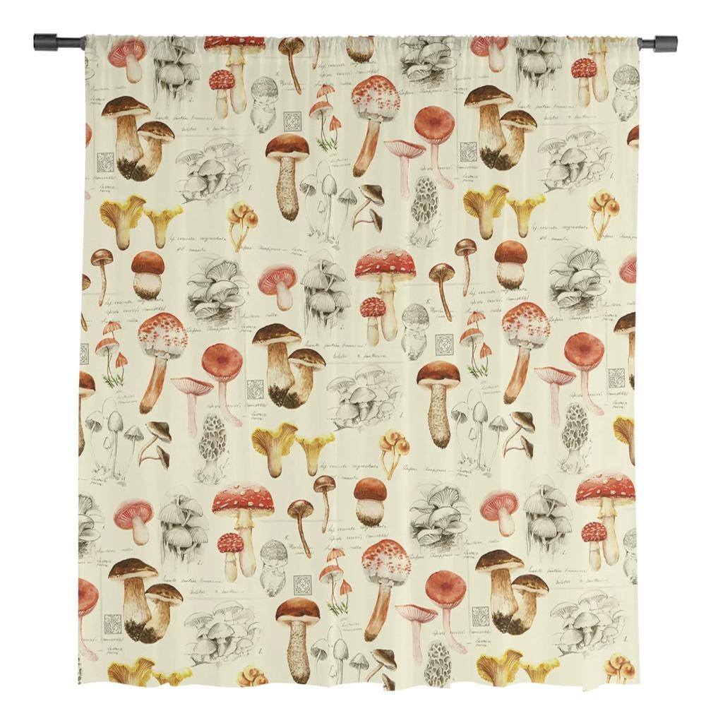 Mushroom Plant Vintage Sheer Drapes for Bedroom Living Room Decoration Window Curtain for Kitchen Curtain Panels