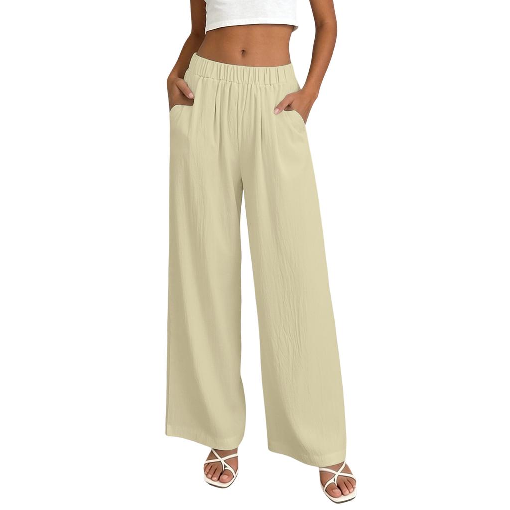 Damen High Waist Wide Leg Hose mit elastischem Bund Lockerer Schnitt Leichter fließender Stoff mit Taschen für Freizeitkleidung