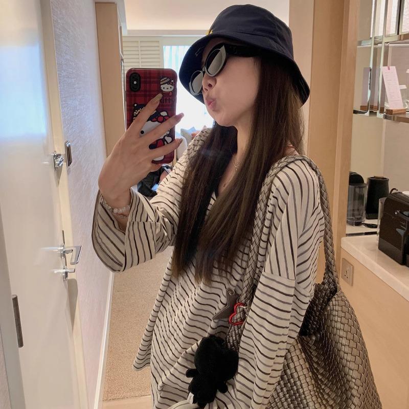 Contrast Striped Long-sleeved T-shirt for Women Summer Thin Blouse Loose Lazy Relaxed and Temperamental Top