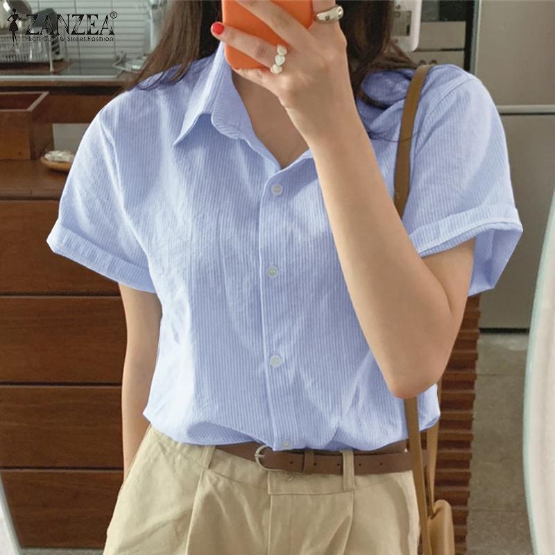 

ZANZEA Женские повседневные летние блузки с отложным воротником и короткими рукавами