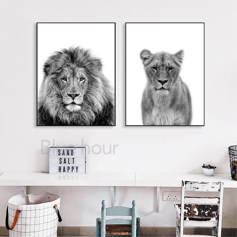 Lion and Lioness Animal Canvas Print Black White Abstract Watercolor Painting Poster Nursery Wall Art Pictures Living Room Decor