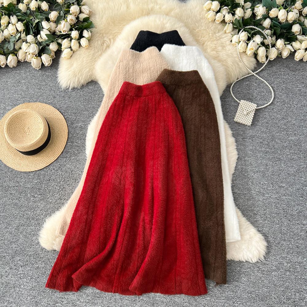 Autumn Winter Women French Elegant Knitted Long Midi Slim Bodycon Fishtail Skirt