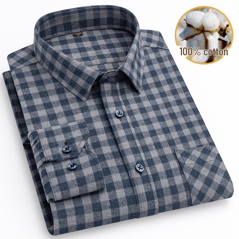 New Men's Plus Size Brushed Cotton Plaid Long Sleeve Shirt for Middle-Aged & Elderly with Straight Hem