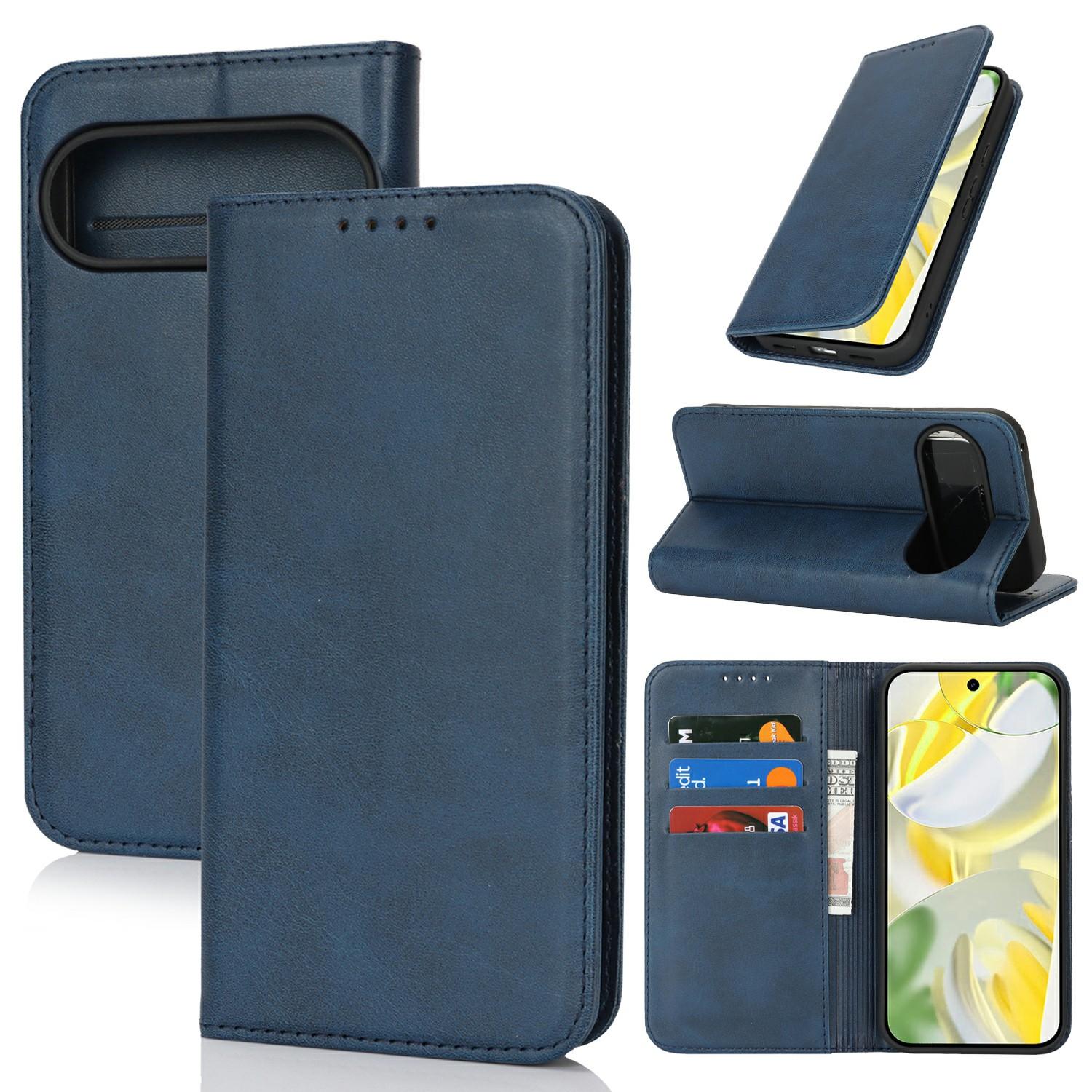 

For Google Pixel 10 Pro XL Case PU Leather Calf Textured Magnetic Closing Smart Phone Cover Dark Blue