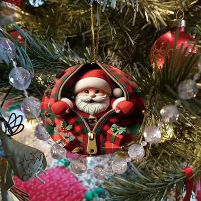 Christmas Ornaments Santa Claus/Reindeer/Penguin/Gingerbread Man In Red Plaid Zip Design Round 2D Acrylic Holiday Tree Decor