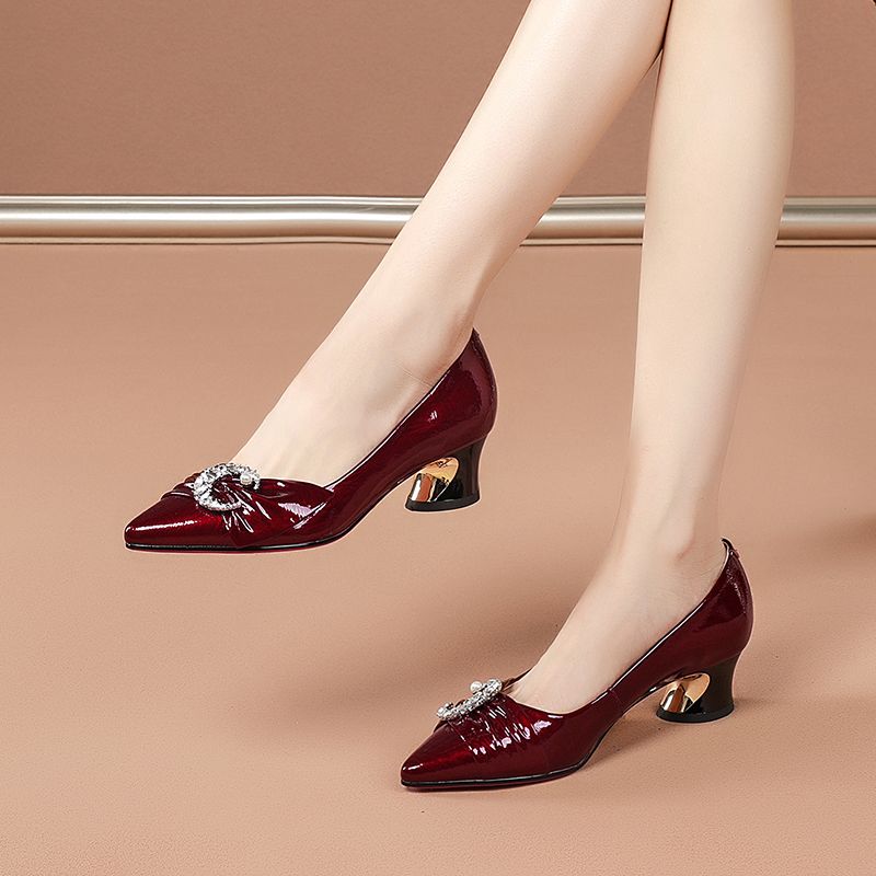 Women's Chunky Heel Pumps, New Spring/Fall Collection, Red Pointed-Toe Leather Shoes, Plus Size Mid-Heel Soft Leather Women's Shoes