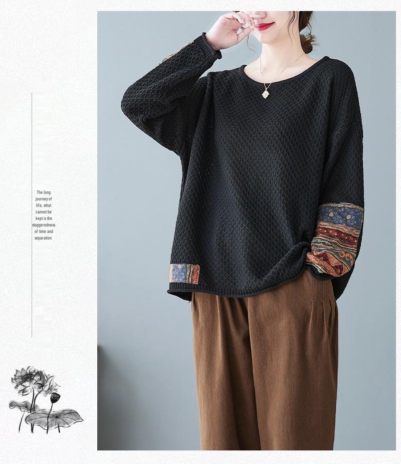 2024 Autumn/Winter Plus Size Retro Ethnic Applique Cotton Knit Women's Loose Round Neck Pullover