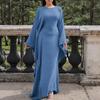 Round Neck Wide Flare Sleeve Satin Textured Maxi Dress Elegant Loose Fit Fall Winter Modest Abaya Style Evening Wedding Guest Floor Length Long Gown