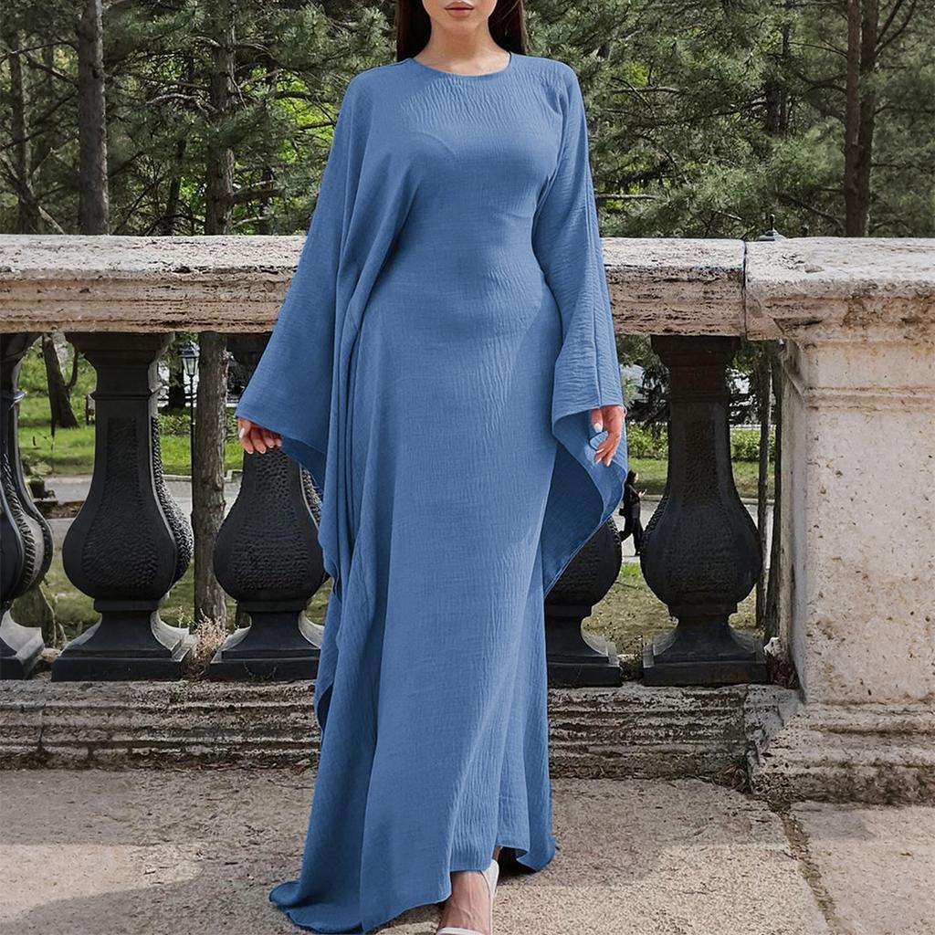 Round Neck Wide Flare Sleeve Satin Textured Maxi Dress Elegant Loose Fit Fall Winter Modest Abaya Style Evening Wedding Guest Floor Length Long Gown
