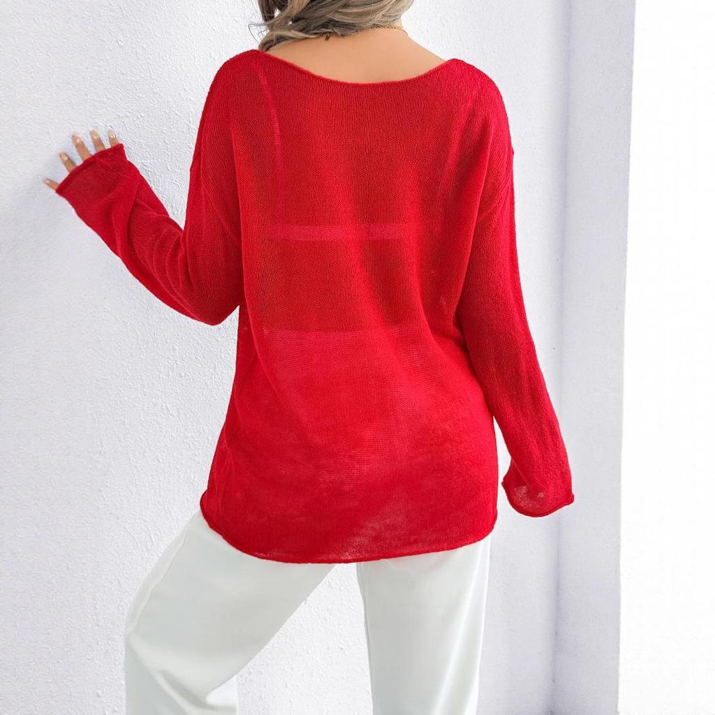 Cross-Border Casual Loose Knit Hollow Sweater: Women's Lightweight Bell Sleeve, Round Neck, Solid Color