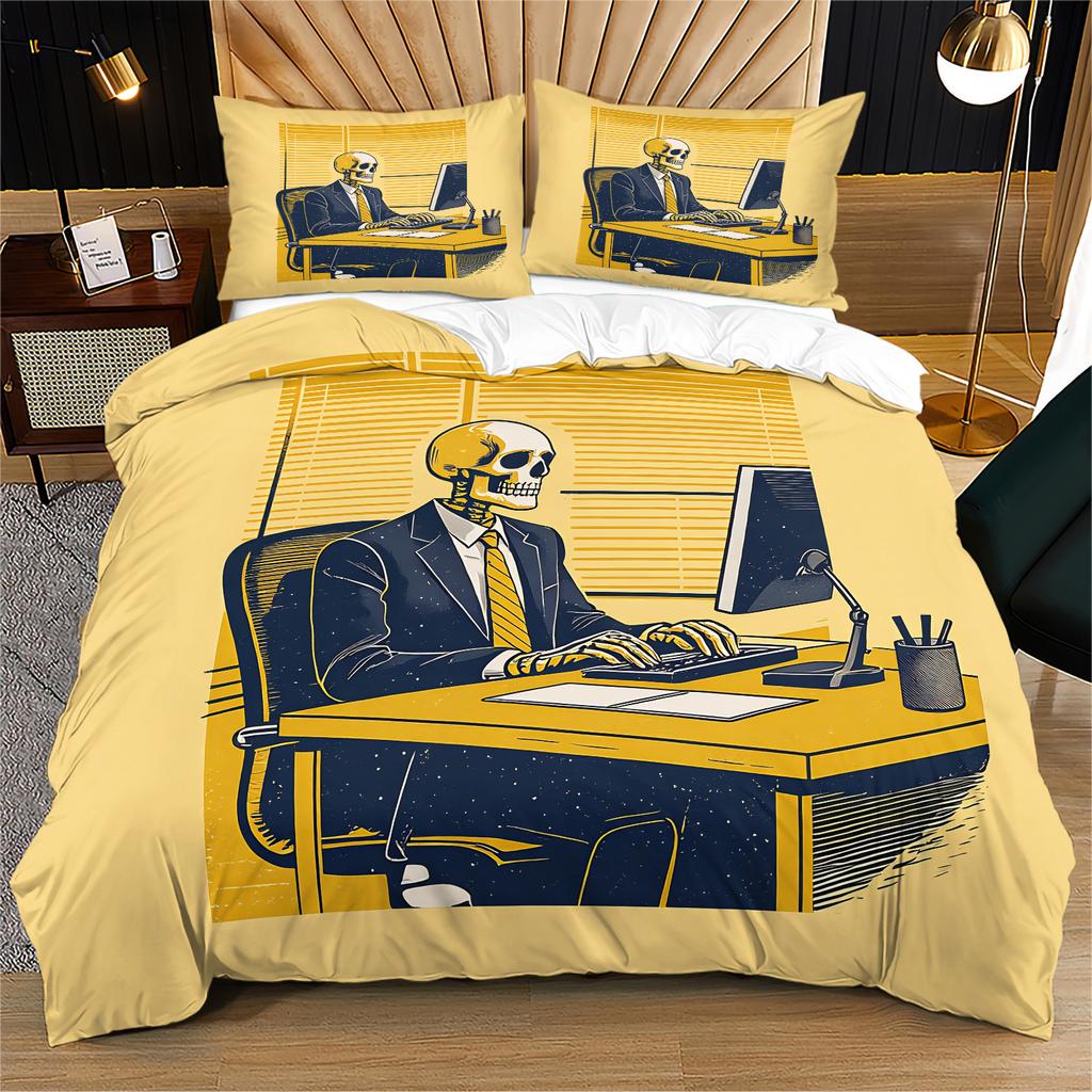 Skeleton Office Worker Duvet Cover Set Gothic Skull Typing On Computer Print Quilt Cover Set Vintage Cozy Bedding Set Home Decor