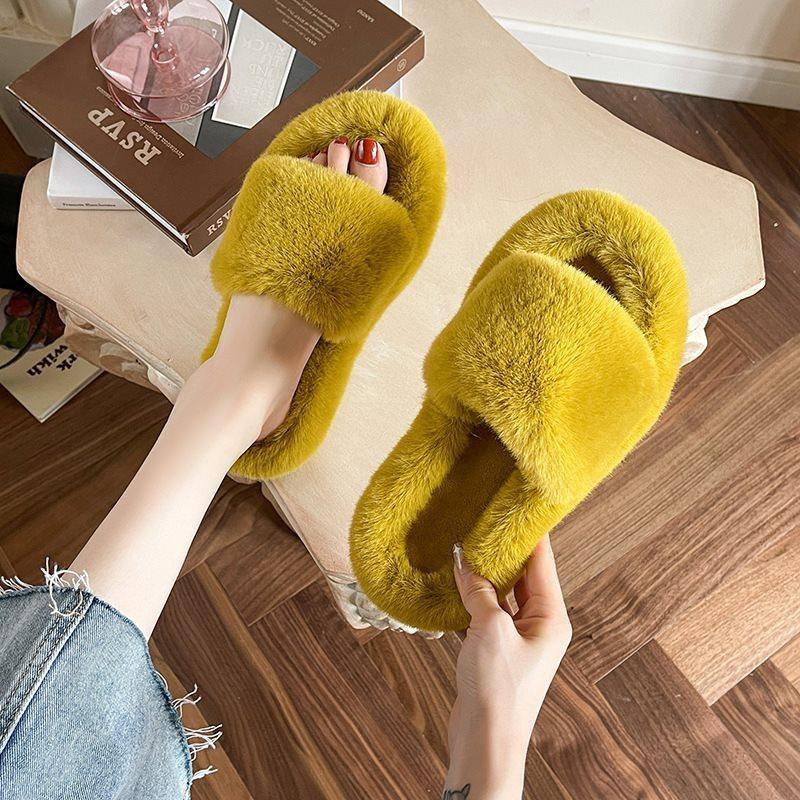 Cotton Mop Autumn and Winter Fluffy Slippers Women's Outer Wear Floor 2025 New Model Small Word Fresh Home Flat Bottom Blue