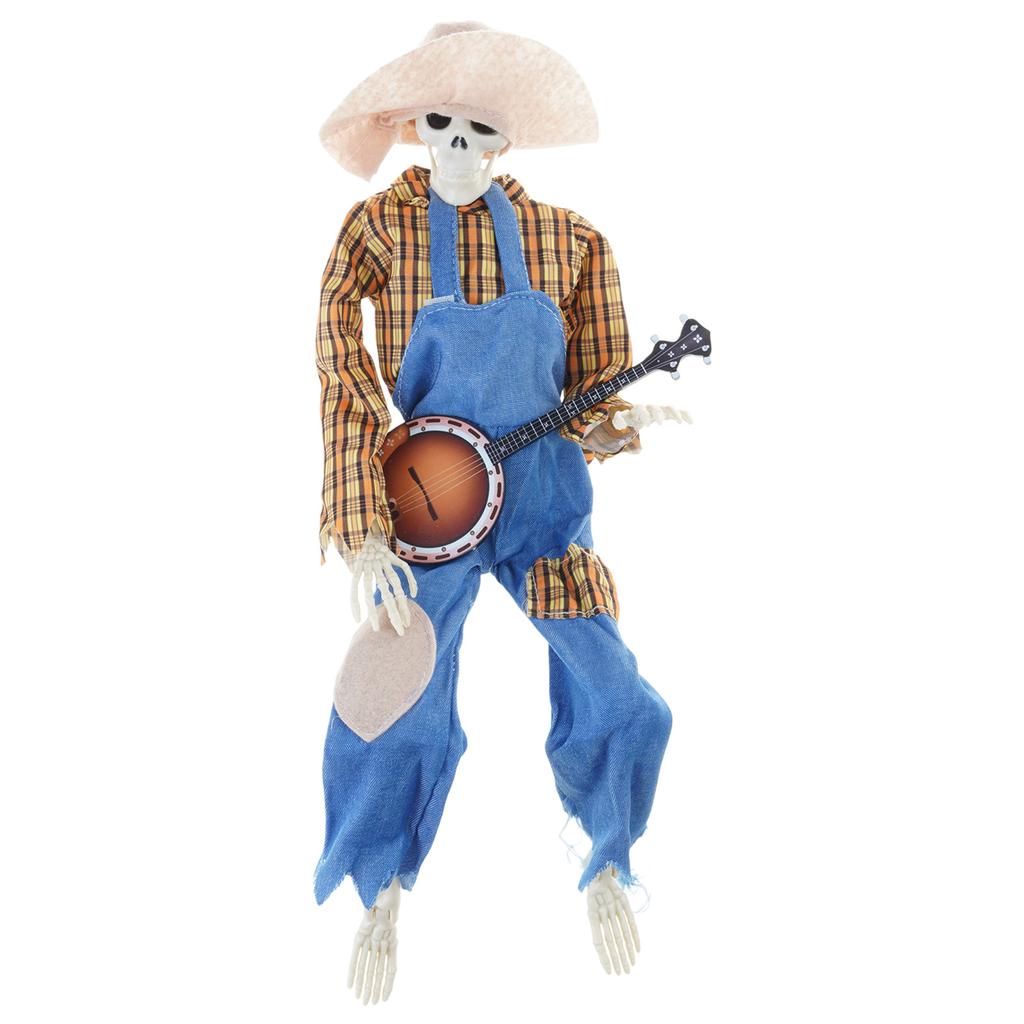 Spooky Skeleton Banjo Halloween Decoration With Vibrant Red And Yellow Plaid Design For Home Party Supplies Durable Plastic Construction
