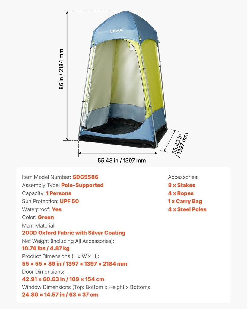 VEVOR Camping Shower Tent, 1 Room, Portable Privacy Tent Changing Room with Ground Stakes, Ropes, Carry Bag, and Steel Poles