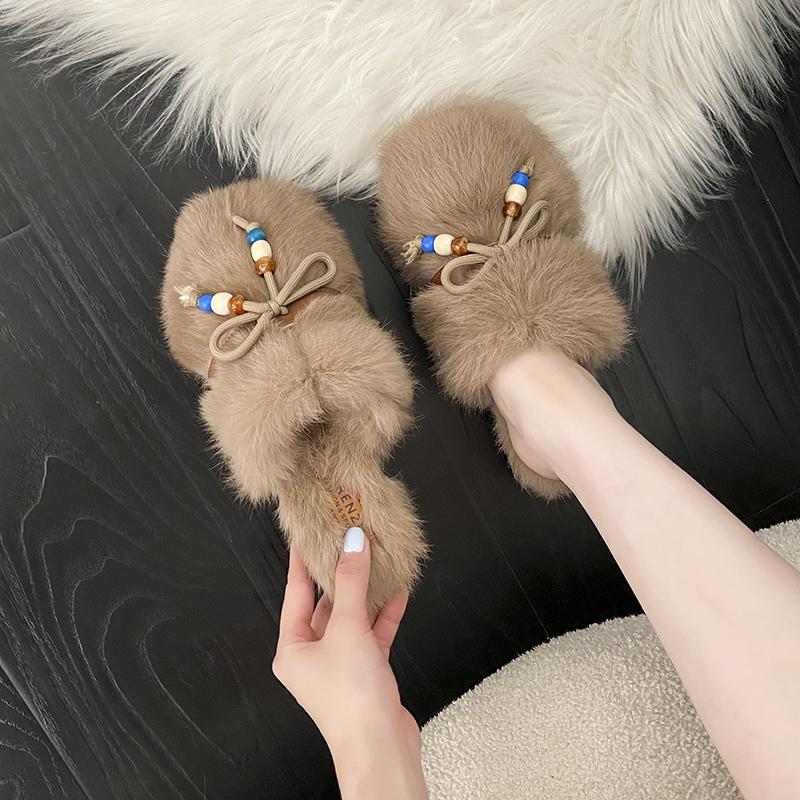 Fashion Winter Women's Fashion Outdoor Non-slip Fur Slippers Cute Style Bow Decoration Flat Bottom Comfortable Baotou Slippers Shoes