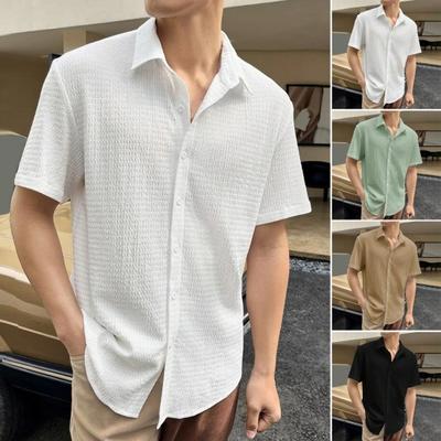 Summer Spring Men Shirt Turn-down Collar Water Wave Texture Single-breasted Loose Solid Color Short Sleeves Commute Office