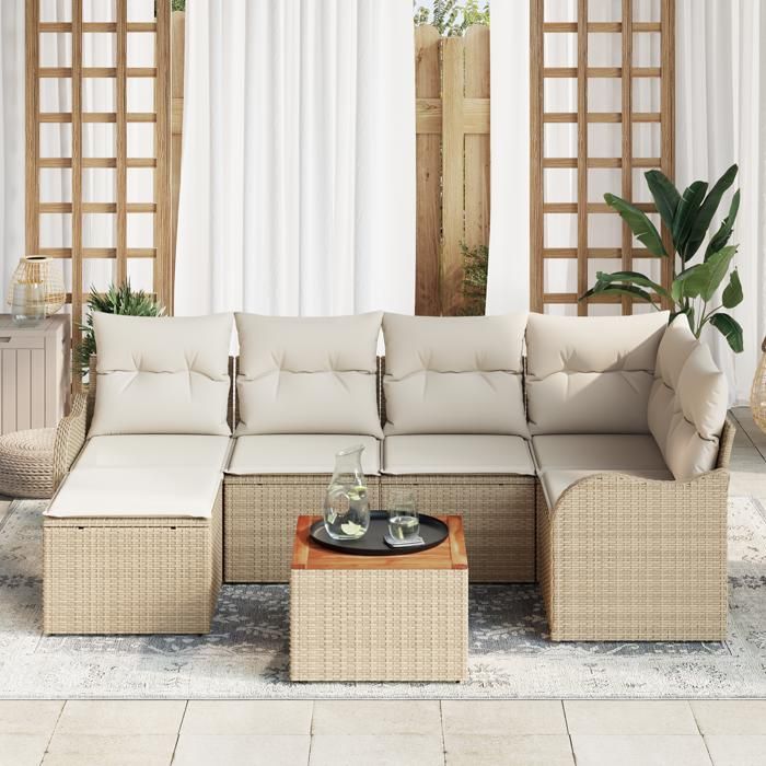 Ensemble de Canapé de Jardin 7 pièces avec Coussins Beige Poly Rotin Acacia, Canapé de Jardin 2 places avec Rangement&amp; 3356146