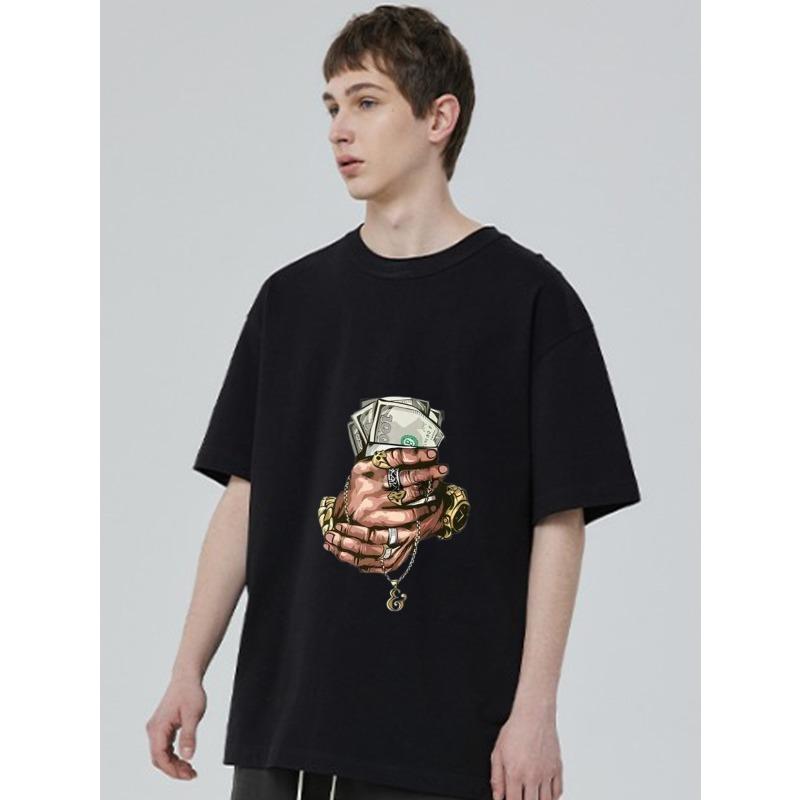 Black T Shirt with Hands Holding Money and Chain Pendant Print for Casual Streetwear Style