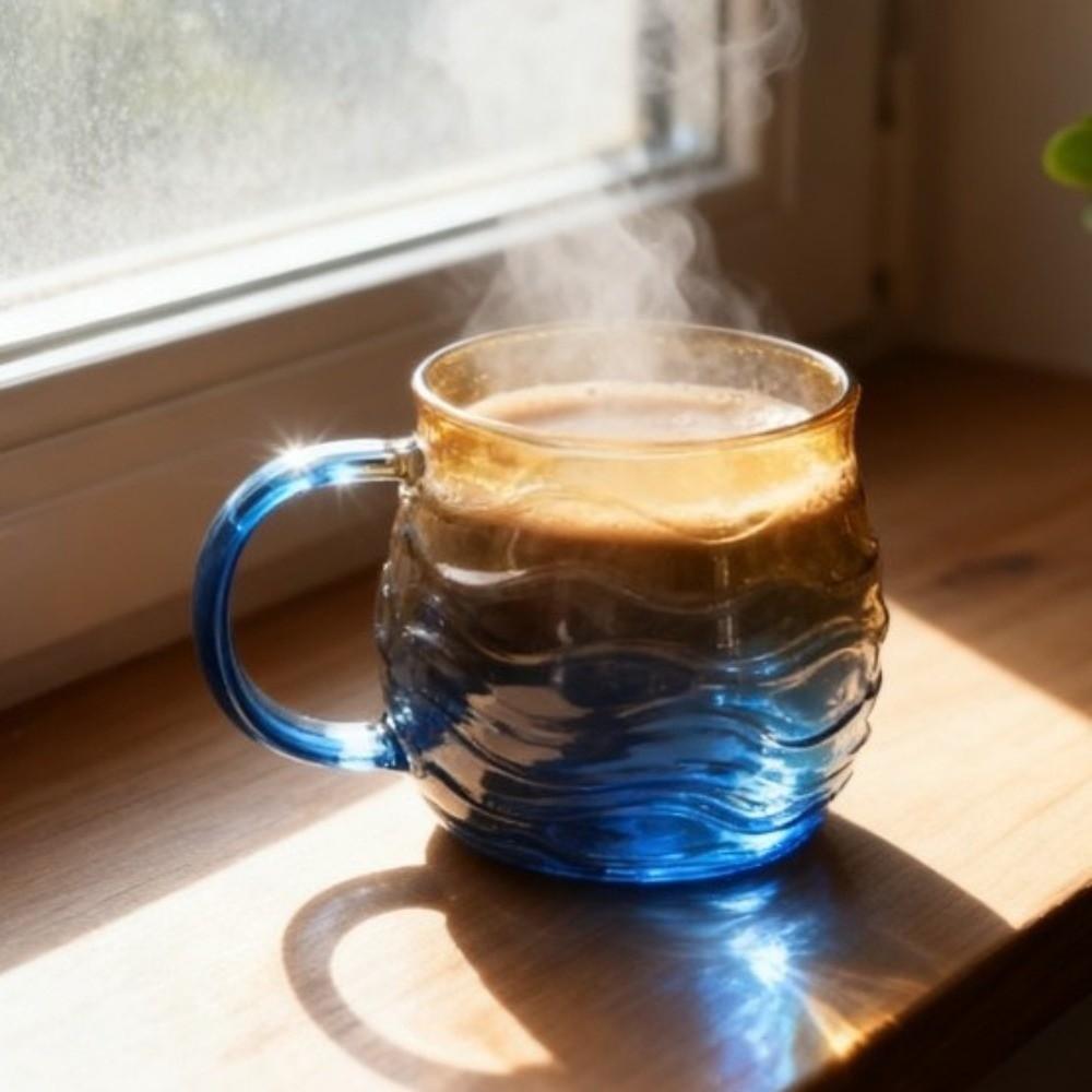 Portable Hand-blown Sea Glass Mug Waved Texture Gradient Color Ocean Theme Mug Beach Themed Drinking Cup Textured Cup Kitchen
