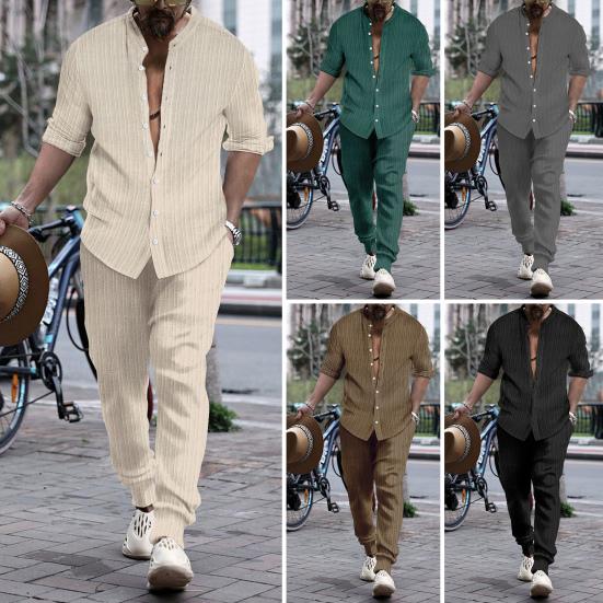 

Мужская повседневная одежда с воротником-стойкой и длинным рукавом, однобортная рубашка, свободный крой, длинные брюки, комплект, однотонная спортивная одежда M кофейный