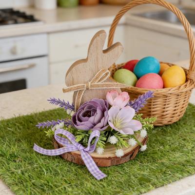 Easter Bunny Wooden Sign Desktop Bunny Ornament with Artificial Flower Spring Party Tabletop Centerpiece