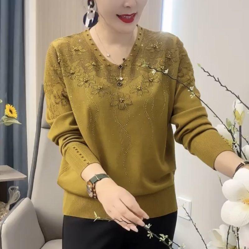 

Heavy Industry Beaded Hot Diamond Knitted Sweater Fashion Women s Long Sleeve V-neck Thin Sweater High End Bottom Pullover Tops 4XL жовтий